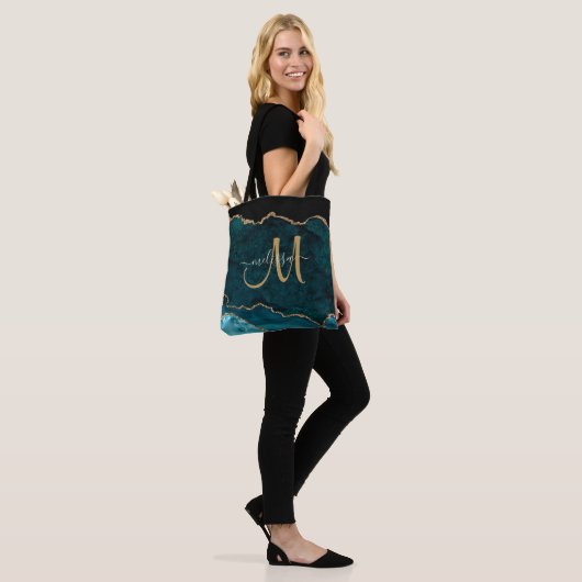 Moderne Blauwgroen Gouden Glitter Agaat Monogram N Tote Bag (Op model)