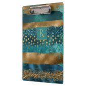 Moderne blauwgroen, gouden penseelstreken en monog klembord (Links)