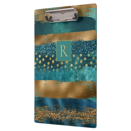 Moderne blauwgroen, gouden penseelstreken en monog klembord (Links)