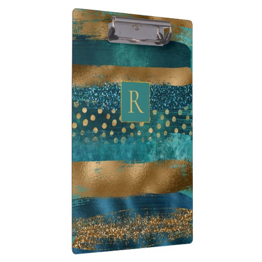 Moderne blauwgroen, gouden penseelstreken en monog klembord (Rechts)