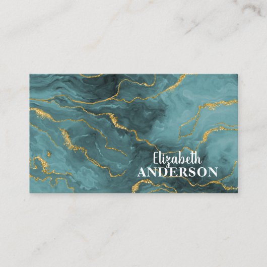 Moderne Blauwgroen goudkleurige glitter marmer aga Visitekaartje (Voorkant)