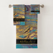 Moderne Blauwgroen goudkleurige Paarse marmeragaat Bad Handdoek (Insitu)