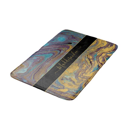 Moderne Blauwgroen goudkleurige Paarse marmeragaat Badmat (Gekanteld)