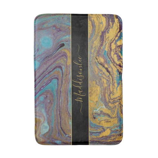 Moderne Blauwgroen goudkleurige Paarse marmeragaat Badmat (Voorkant Verticaal)