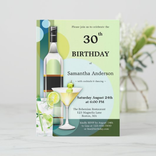 Moderne Blauwgroen groene cocktail Birthday-uitnod Kaart (Staand voorkant)