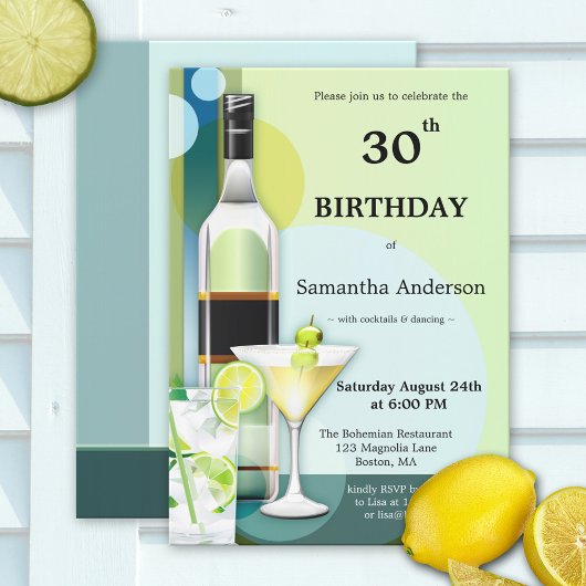 Moderne Blauwgroen groene cocktail Birthday-uitnod Kaart