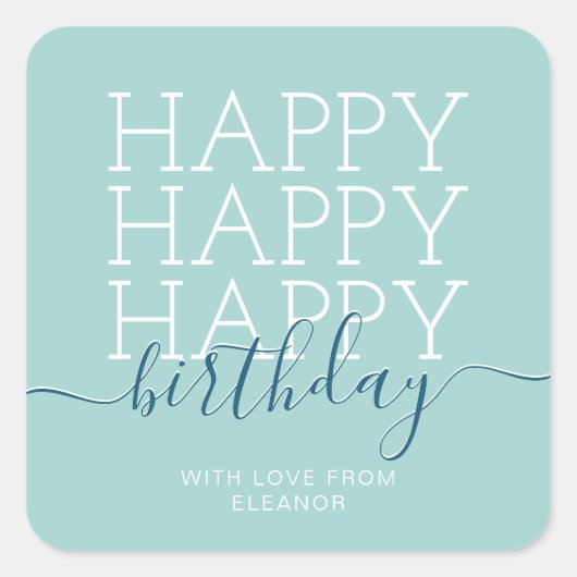 Moderne blauwgroen groene Happy Birthday Vierkante Sticker (Voorkant)