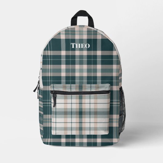 Moderne blauwgroen groene plaid met naam bedrukte rugzak (Voorkant)