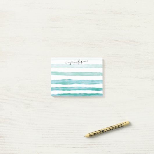 Moderne Blauwgroen Groene Waterverf Stripes Girly  Post-it® Notes (Op bureau)