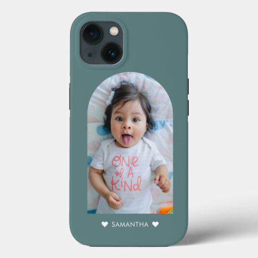 Moderne Blauwgroen harten naam Arch Familie Foto Case-Mate iPhone Case (Achterkant)