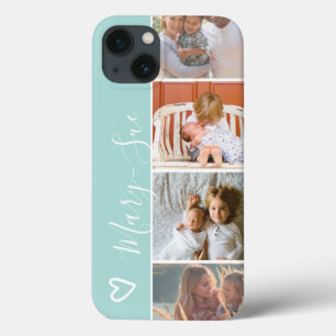 Moderne, blauwgroen hartnaam 4 foto's collage grid Case-Mate iPhone case