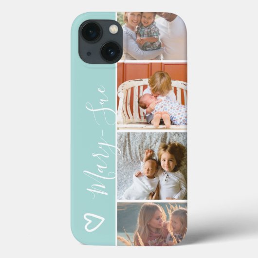 Moderne, blauwgroen hartnaam 4 foto's collage grid Case-Mate iPhone case (Achterkant)