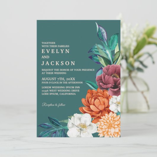 Moderne Blauwgroen Herfst Terracotta Bloemenbruilo Kaart (Staand voorkant)