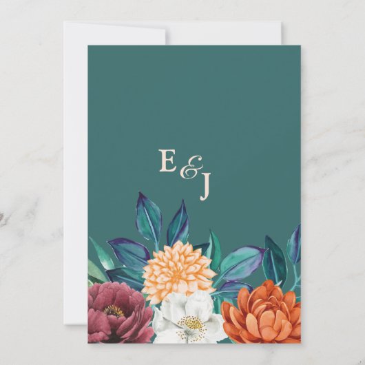 Moderne Blauwgroen Herfst Terracotta Bloemenbruilo Kaart (Achterkant)