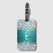 Moderne Blauwgroen Holografische Faux Glitter Mono Bagagelabel (Voorkant (verticaal))