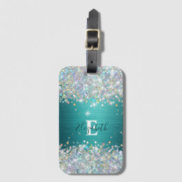 Moderne Blauwgroen Holografische Faux Glitter Mono Bagagelabel