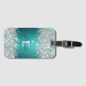 Moderne Blauwgroen Holografische Faux Glitter Mono Bagagelabel (Voorkant (horizontaal))
