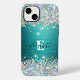 Moderne Blauwgroen Holografische Faux Glitter Mono Case-Mate iPhone 14 Hoesje
