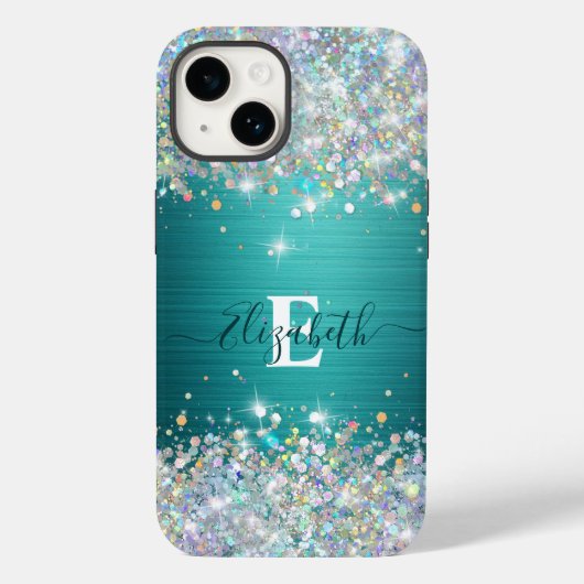 Moderne Blauwgroen Holografische Faux Glitter Mono Case-Mate iPhone Case (Achterkant)