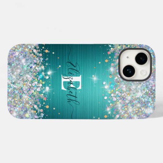 Moderne Blauwgroen Holografische Faux Glitter Mono Case-Mate iPhone Case (Achterkant (horizontaal))
