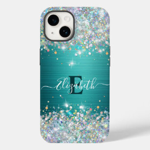 Moderne Blauwgroen Holografische Faux Glitter Mono Case-Mate iPhone 14 Hoesje