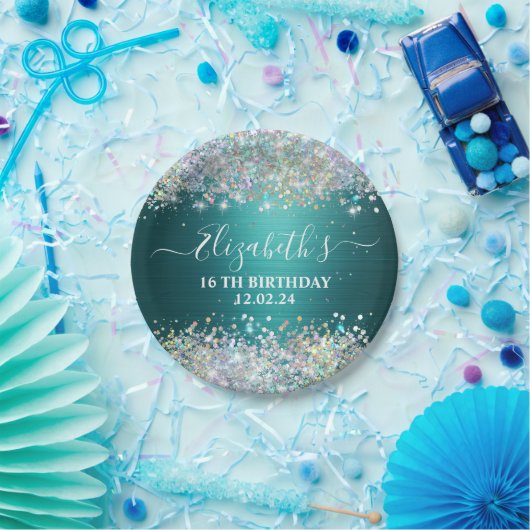 Moderne Blauwgroen Holografische Faux Glitter Mono Papieren Bordje (Feest)