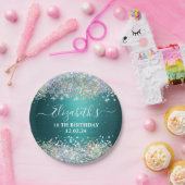 Moderne Blauwgroen Holografische Faux Glitter Mono Papieren Bordje (Feest)