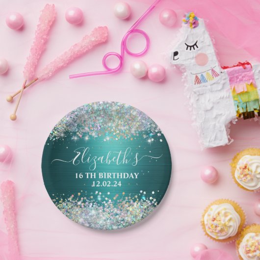 Moderne Blauwgroen Holografische Faux Glitter Mono Papieren Bordje (Feest)