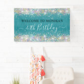 Moderne Blauwgroen Holografische Faux Glitter Mono Spandoek (Insitu)