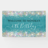 Moderne Blauwgroen Holografische Faux Glitter Mono Spandoek (Horizontaal)