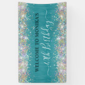 Moderne Blauwgroen Holografische Faux Glitter Mono Spandoek (Verticaal)