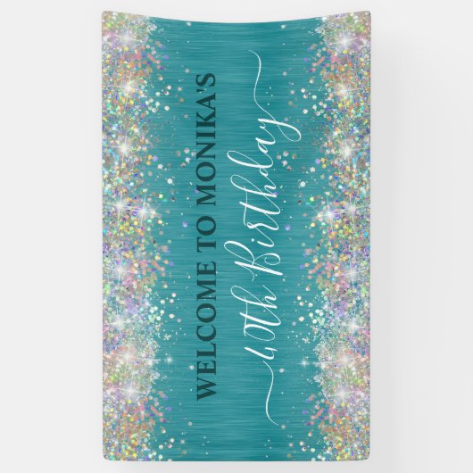 Moderne Blauwgroen Holografische Faux Glitter Mono Spandoek (Verticaal)