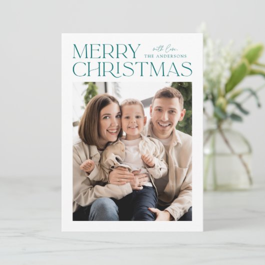 Moderne Blauwgroen kerstfoto van Merry Feestdagenkaart (Staand voorkant)