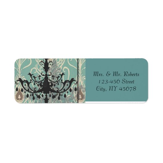 moderne Blauwgroen kroonluchter  pauw bruiloft Etiket (Voorkant)