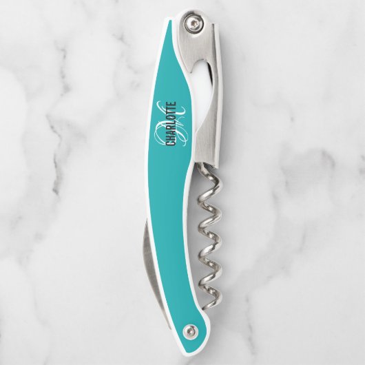 Moderne Blauwgroen monogram: Corkschroef Kurkentrekker (Achterkant)