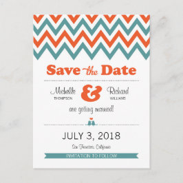 Moderne Blauwgroen & Oranje Chevron & Lovebirds Br Aankondigingskaart