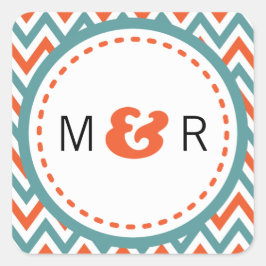 Moderne Blauwgroen & Oranje Chevron & Lovebirds Br Vierkante Sticker