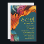 Moderne Blauwgroen Oranje retro psychedelische 60e Kaart<br><div class="desc">Maak er 60 sensationeel met deze levendige verjaardagsuitnodiging met abstracte bloemen in warme,  energieke kleuren. De wave-cut lay-out en de verfijnde lettertypecombinatie creëer zijn een moderne maar sierlijke weergave voor uw mijlpaalevenement. Een perfecte manier om een leven vol kleur en geest te eren.</div>