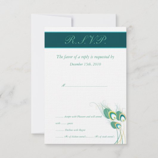 Moderne Blauwgroen Peacock bruiloft RSVP Kaarten (Voorkant)