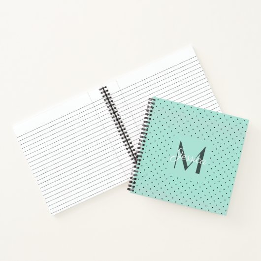 Moderne Blauwgroen Polka Dot en Monogram Notitieboek (Binnen)