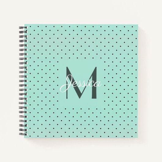 Moderne Blauwgroen Polka Dot en Monogram Notitieboek (Voorkant)