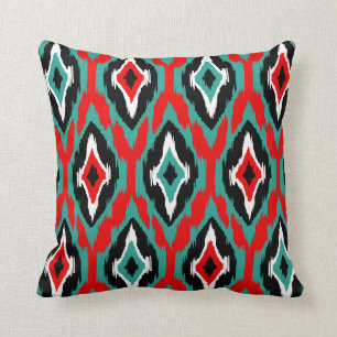 Moderne blauwgroen rode zwarte Ikat Tribal Patroon Kussen