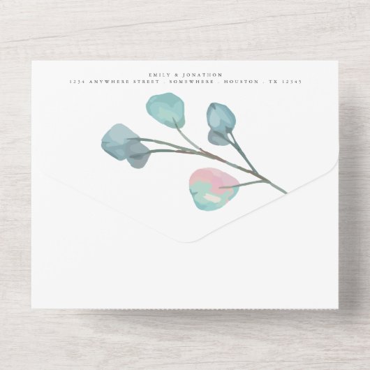 Moderne Blauwgroen Roze Pastel Eucalyptus Bruiloft All In One Uitnodiging (Achterkant)