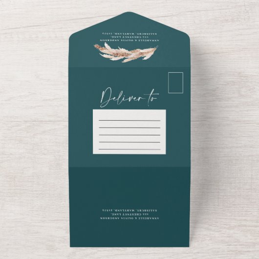 Moderne blauwgroen rustige pampas bruiloft QR-code All In One Uitnodiging (Buitenkant)