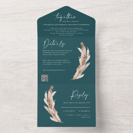 Moderne blauwgroen rustige pampas bruiloft QR-code All In One Uitnodiging (Binnen)