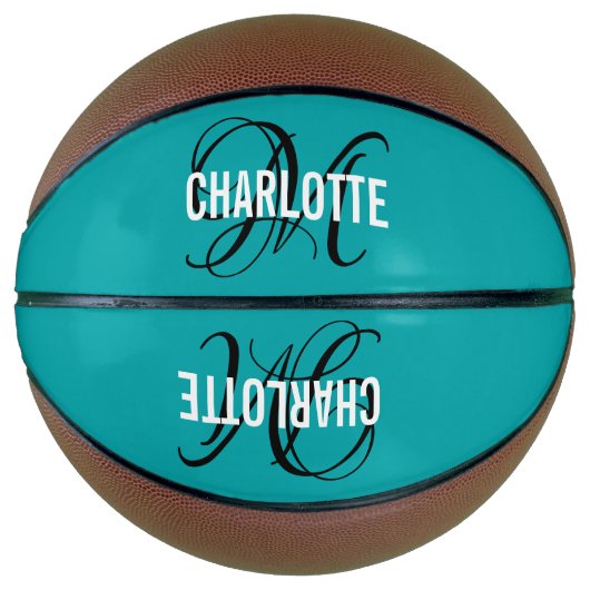 Moderne blauwgroen scriptmonogram basketbal (Voorkant)