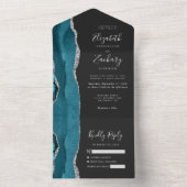 Moderne Blauwgroen Silver Agaat Dark Wedding All In One Uitnodiging (Binnen)