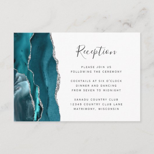 Moderne Blauwgroen Silver Agate Wedding Reception Informatiekaartje (Voorkant)