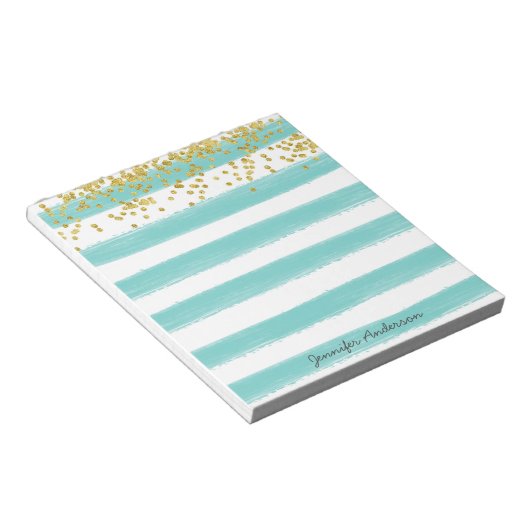 Moderne Blauwgroen Stripe Gold Confetti personalis Notitieblok (Schuin)
