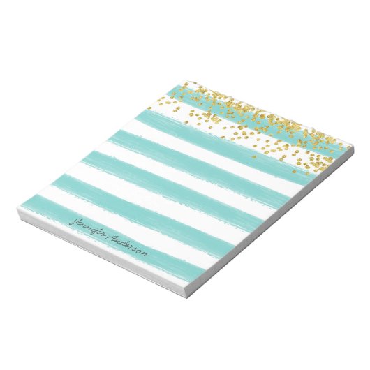 Moderne Blauwgroen Stripe Gold Confetti personalis Notitieblok (Linkerzijde)